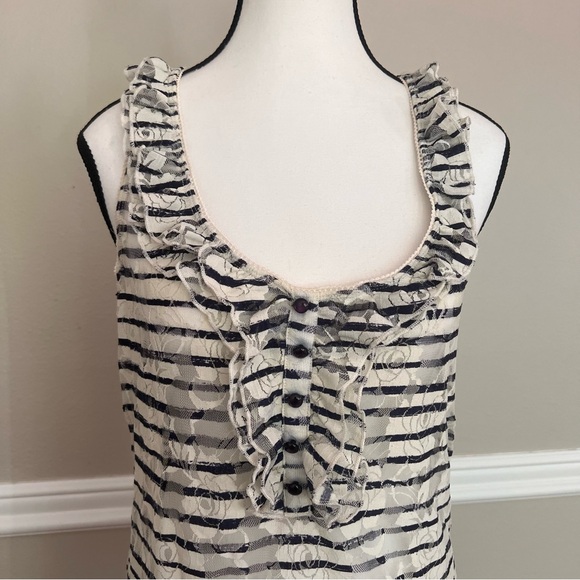 Vanity Sheer Lace Ruffled Tank Top White with Blue Stripes - Picture 2 of 12